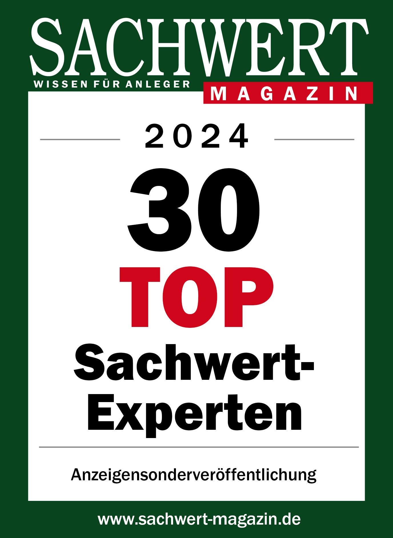 SACHWERT TOP 30 · 2024 – Anzeigensonderveröffentlichung