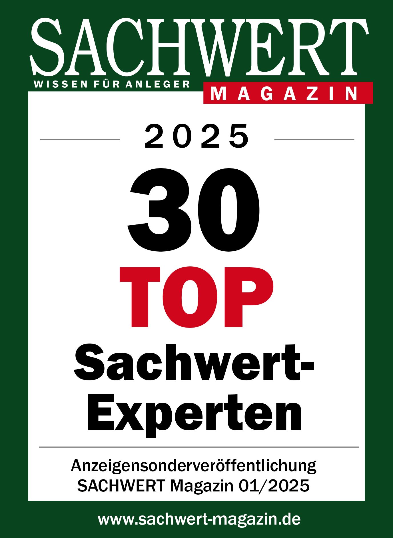SACHWERT TOP 30 · 2025 – SACHWERT Magazin 01/2025